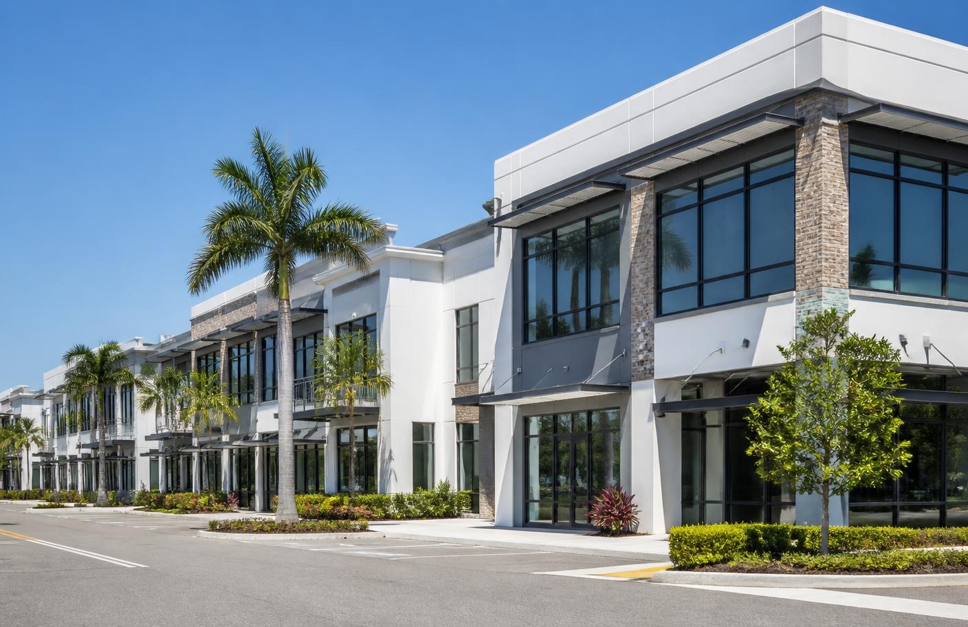 Modern Florida commercial office and retail buildings with palm trees under a clear sky