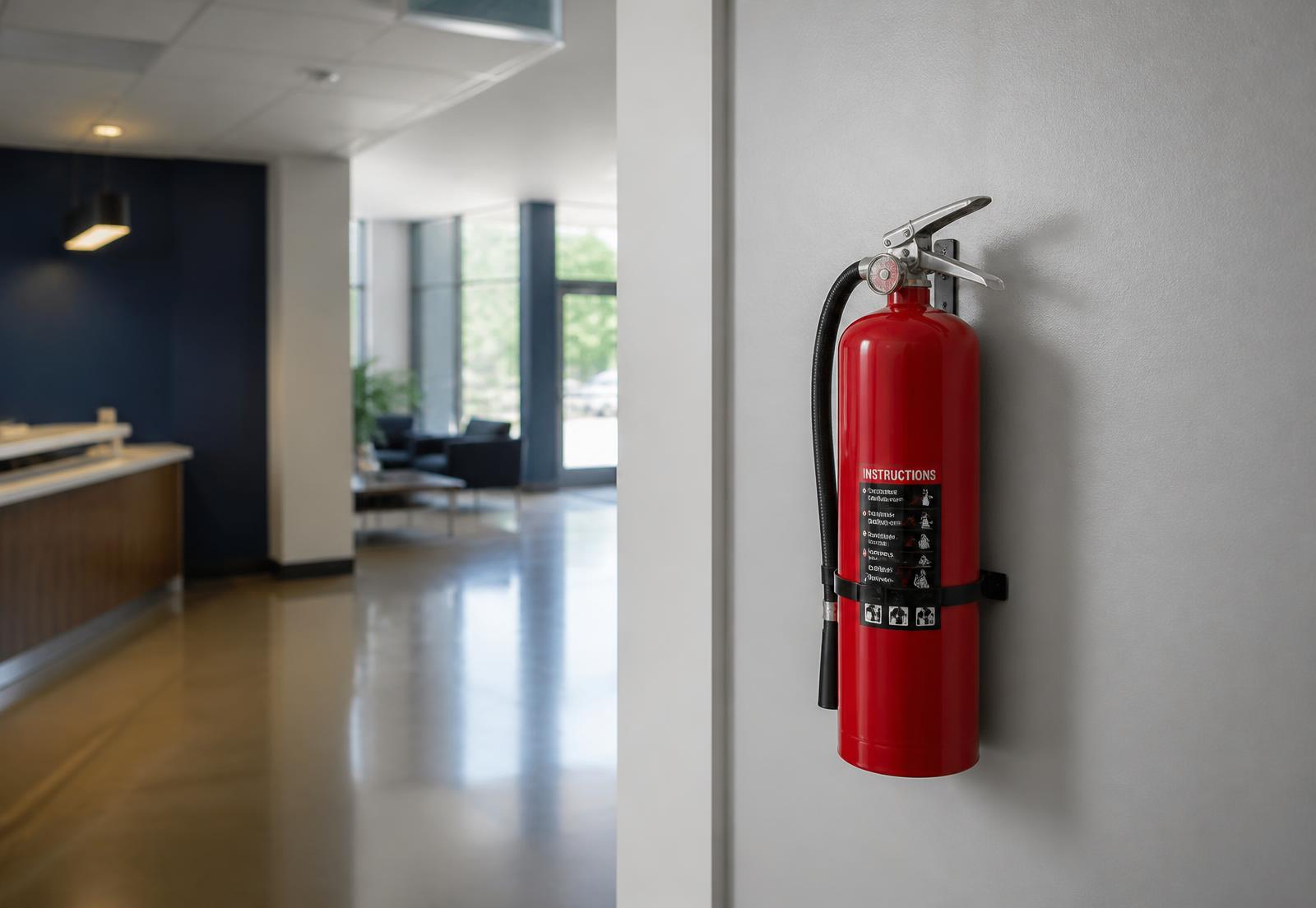 Red commercial fire extinguisher wall-mounted in the lobby of a modern Florida business